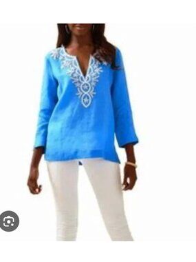 Lilly Pulitzer Amelia Island Shirt Womens Small Blue Embroidered Beaded Tunic